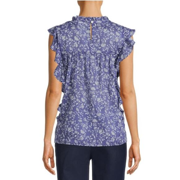BEACHLUNCHLOUNGE‎ NEW $58 Pleated Yoke Ruffle Maya Blouse Baja Blue Floral XL - Picture 2 of 5